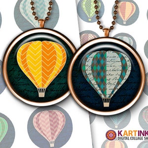 Printable digital download HOT AIR BALLOONS 1 inch & 1.5 inch images for Round pendants Bezel trays Glass cabochons Crafts Bottle caps image 1