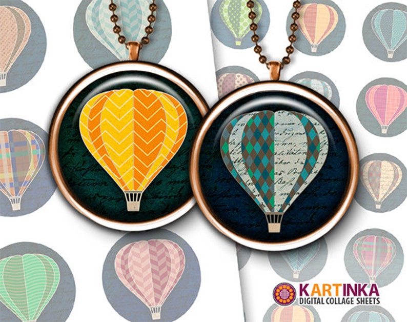 Printable digital download HOT AIR BALLOONS 1 inch & 1.5 inch images for Round pendants Bezel trays Glass cabochons Crafts Bottle caps image 1