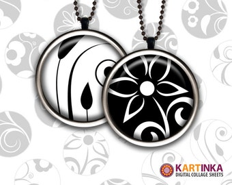 1.5 inch, 30mm, 7/8 inch, 1 inch (25mm) Printable Images BLACK & WHITE FLORA Download for Round pendants Bezel trays Cabochon Bottle caps