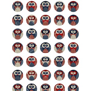 May include: A collection of 36 circular owl designs in red, white, and blue. Each owl features a patriotic theme with stripes and stars. The owls are arranged in a grid pattern on a white background. The bottom of the image has the text "KARTINKA DIGITAL COLLAGE SHEETS".