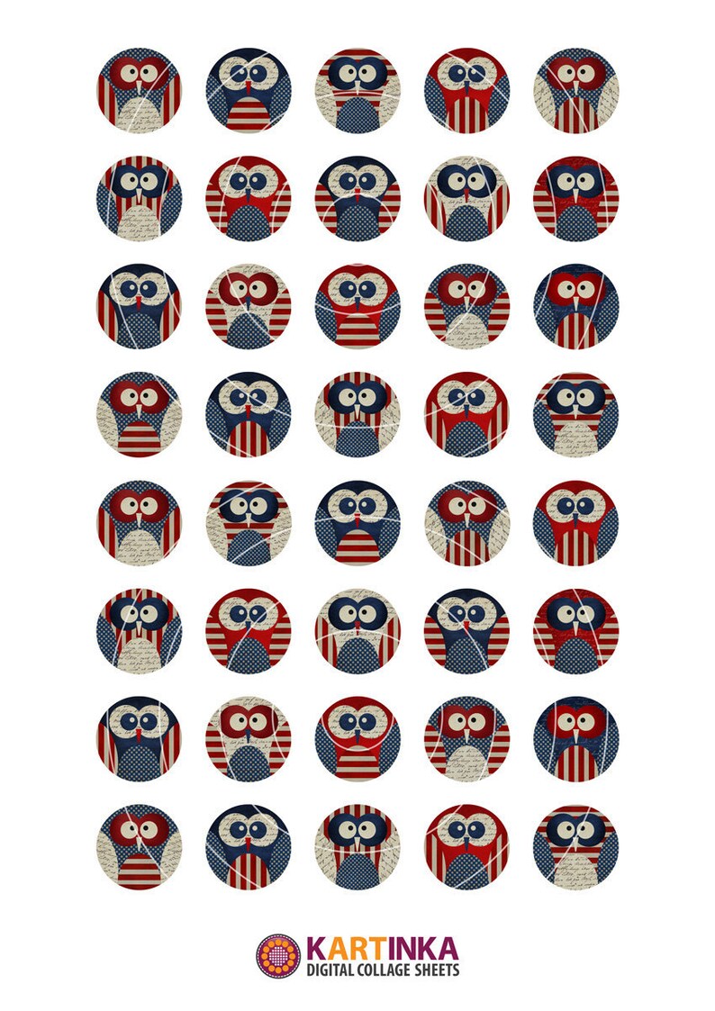 May include: A collection of 36 circular owl designs in red, white, and blue. Each owl features a patriotic theme with stripes and stars. The owls are arranged in a grid pattern on a white background. The bottom of the image has the text "KARTINKA DIGITAL COLLAGE SHEETS".