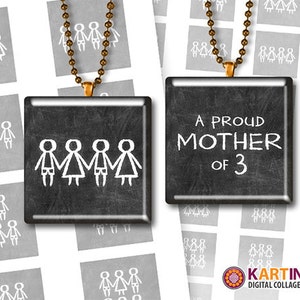 May include: Two square pendants with a chalkboard design. One pendant says "A PROUD MOTHER OF 3" in white text. The other pendant shows a stick figure family. Both pendants hang from a gold-colored chain. The background has repeating gray squares.