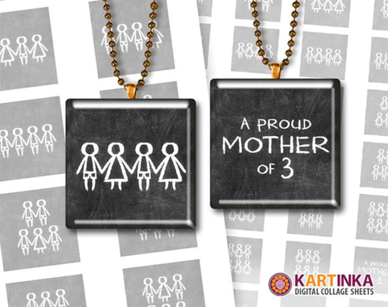 May include: Two square pendants with a chalkboard design. One pendant says "A PROUD MOTHER OF 3" in white text. The other pendant shows a stick figure family. Both pendants hang from a gold-colored chain. The background has repeating gray squares.