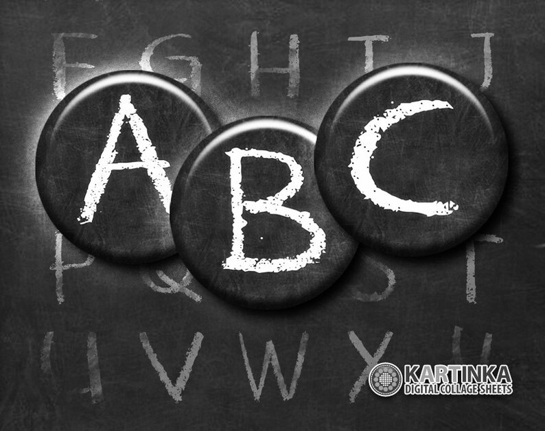 May include: Black and white image of three circular objects with the letters "A", "B", and "C" in white, set against a chalkboard background. The letters are in a bold, handwritten style. The background features faint chalk-written letters.