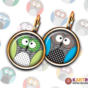 Tamaño de 13 mm, 14 mm y 15 mm Imágenes imprimibles Descargar NEON OWLS Imágenes digitales para pendientes, anillos, puños, colgantes, pulseras, tapas de botellas