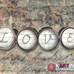 May include: Four round, white, paper-like circles with black outlines and a black and white patterned background. Each circle has a handwritten letter in black ink, spelling out the word "LOVE".