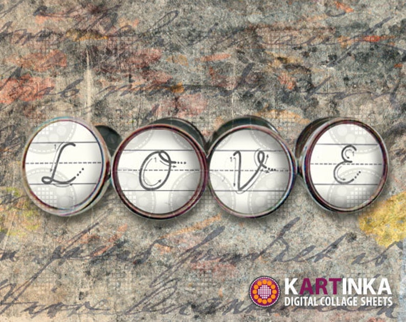 May include: Four round, white, paper-like circles with black outlines and a black and white patterned background. Each circle has a handwritten letter in black ink, spelling out the word "LOVE".