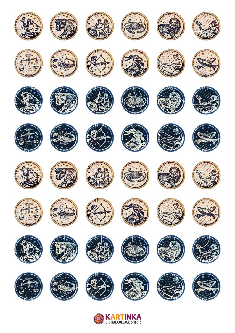 1 inch 25mm, 1.5 inch Printable ZODIAC SIGNS Stamps images for round pendants, glass cabochons, cameo settings, bezel trays Digital Sheet image 2