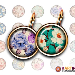 Könnte beinhalten: Runde Ohrringe mit floralen Mustern. Ein Ohrring zeigt eine blaue und lila Rose, der andere weiße Blumen auf türkisfarbenem Hintergrund. Verschiedene florale Muster in Pastellfarben umgeben die Ohrringe.