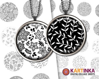 1.5 inch, 1 inch (25mm) Printable Images NATURE PATTERNS Black & White Digital Download for Round pendants Bezel trays Cabochons Bottle caps