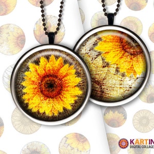 1 inch (25mm) & 7/8 inch printable digital SUNFLOWERS round images for round pendants bezel trays glass cabochon mountings cameo settings