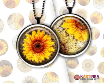 1 inch (25mm) & 7/8 inch printable digital SUNFLOWERS round images for round pendants bezel trays glass cabochon mountings cameo settings