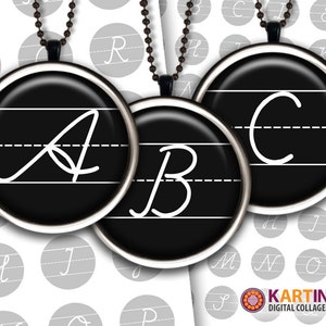 May include: Three round pendants with the letters A, B, and C in white cursive script on a black background. Each pendant has a silver-colored rim and hangs from a dark chain. The background features additional letters in a similar style.
