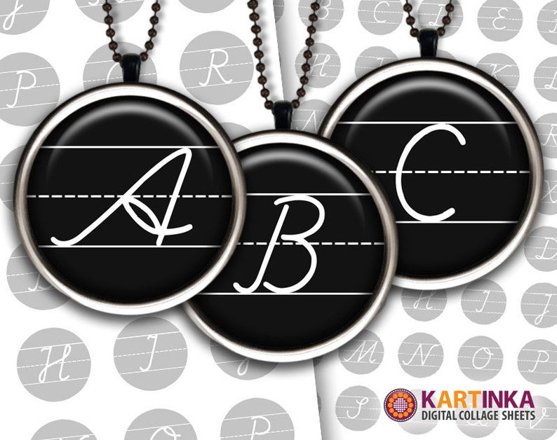May include: Three round pendants with the letters A, B, and C in white cursive script on a black background. Each pendant has a silver-colored rim and hangs from a dark chain. The background features additional letters in a similar style.