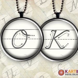 May include: Two silver pendants with black chains, each featuring a cursive letter, "O" and "K", written in a vintage style on a white background with black lines and numbers.
