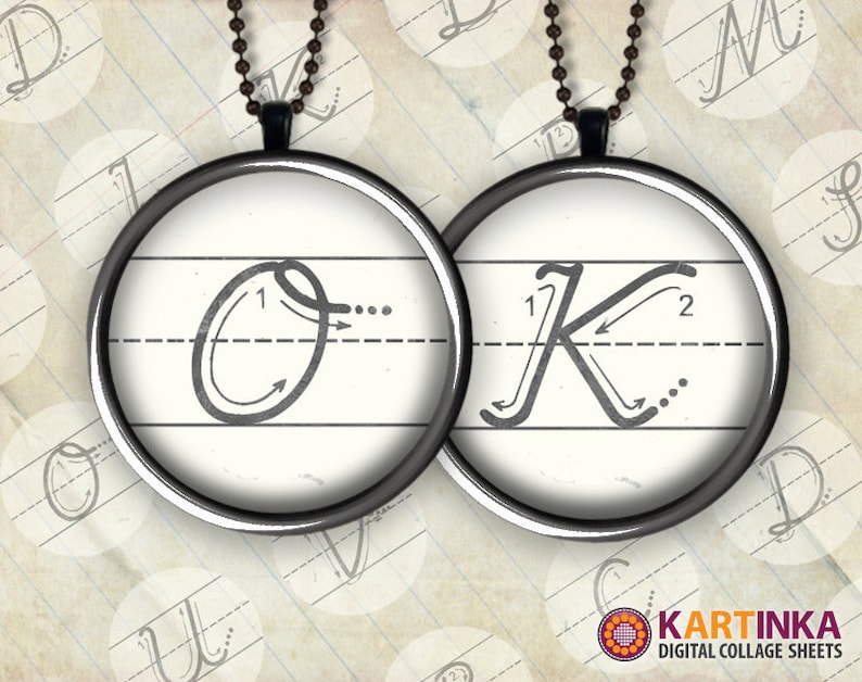 May include: Two silver pendants with black chains, each featuring a cursive letter, "O" and "K", written in a vintage style on a white background with black lines and numbers.