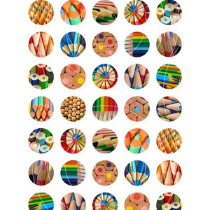 May include: A digital collage sheet featuring circular images of colored pencils. The circles showcase various views of the pencils, including the tips, the wood, and the colored lead. The images are arranged on a white background.