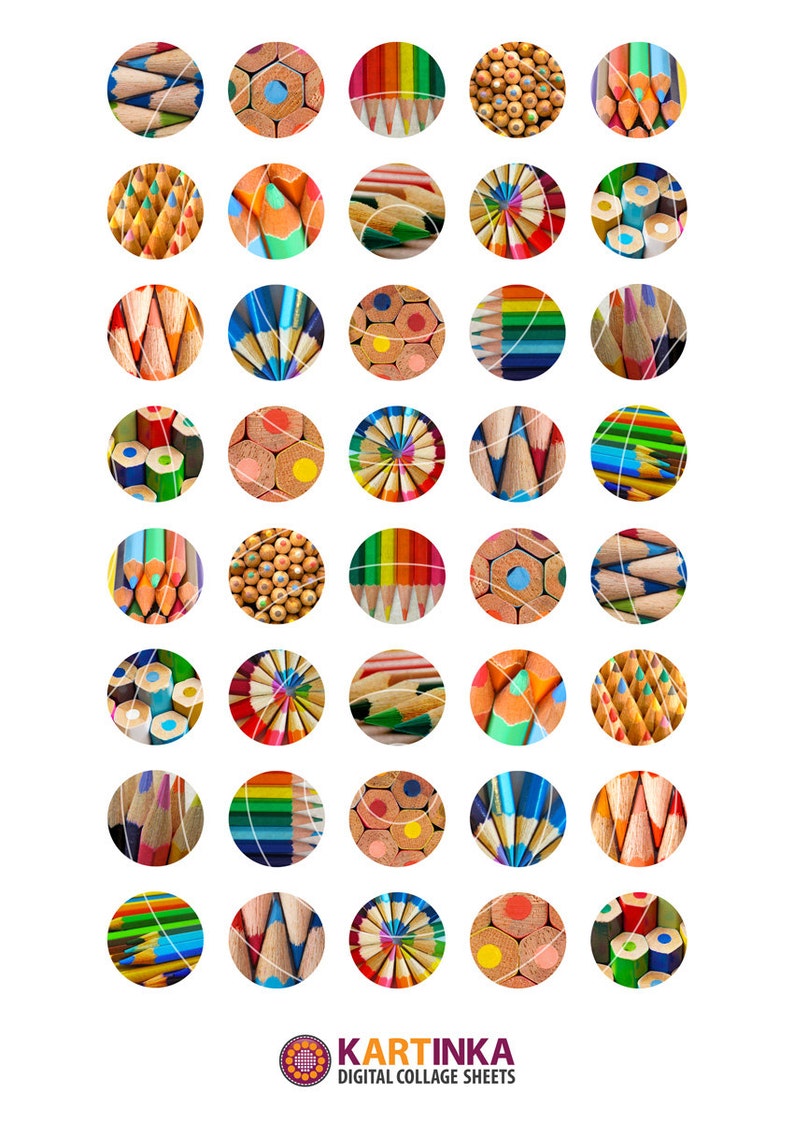 May include: A digital collage sheet featuring circular images of colored pencils. The circles showcase various views of the pencils, including the tips, the wood, and the colored lead. The images are arranged on a white background.