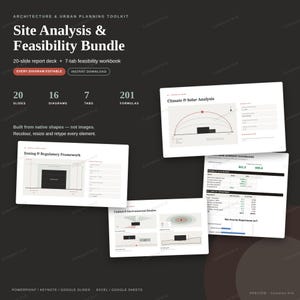 May include: An architecture and urban planning toolkit titled Site Analysis & Feasibility Bundle. It includes a 20-slide report deck and 7-tab feasibility workbook with 20 slides, 16 diagrams, 7 tabs, and 201 formulas. The display shows sample slides.