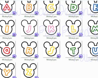 Archivo de bordado digital del alfabeto con apliques de cabeza de ratón