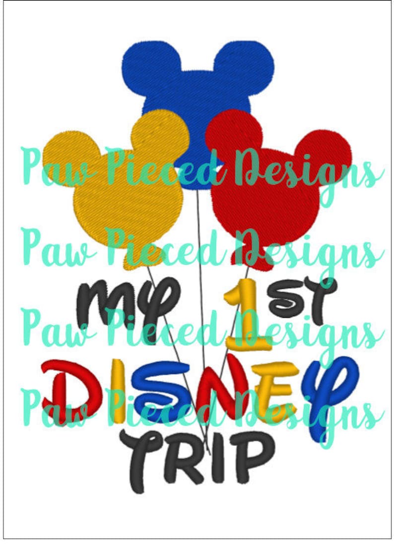 Puede incluir: Un dise&ntilde;o de bordado con globos de Mickey Mouse con el texto "My 1st Disney Trip".