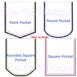 May include: Diagram showing four different pocket styles: Point Pocket, Round Pocket, Rounded Square Pocket, and Square Pocket. The diagram is not to scale.