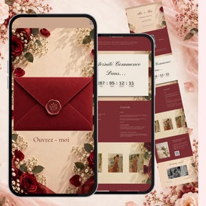 Peut inclure: Deux smartphones affichent un modèle d'invitation de mariage numérique avec une enveloppe rouge foncé scellée par un sceau de cire, portant le texte 'Ouvrez-moi' et 'Éternité Commence Dans', entouré de roses rouges et de fleurs gypsophile.