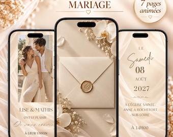 Peut inclure: Trois smartphones affichent un faire-part de mariage numérique sur fond crème avec des motifs floraux et des textures de tissu blanc. Les écrans présentent du texte, une photo de couple et une enveloppe avec un sceau en cire doré.