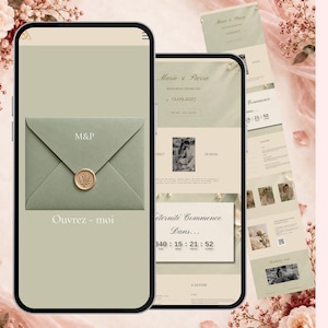 Peut inclure: Deux smartphones affichent un site web d'invitation de mariage numérique aux tons vert sauge et crème. L'écran présente une enveloppe avec les initiales M&P et un sceau de cire, avec le texte "Ouvrez-moi" inscrit en dessous.