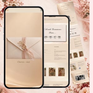 Site Web de Mariage à Personnaliser – Invitation Numérique Interactive – Modèle Canva Modifiable en Français – Satin Beige
