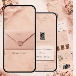Peut inclure: Deux smartphones affichent une invitation de mariage numérique dans des tons rose poudré. L'écran de gauche montre une enveloppe avec les initiales L&D et un sceau de cire, avec le texte "Ouvrez-moi". L'écran de droite affiche un compte à rebours.
