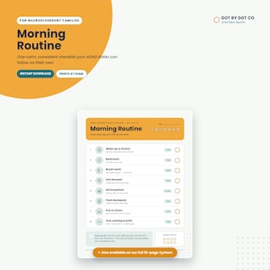 Può includere: Una lista di controllo digitale per la routine mattutina per famiglie neurodivergenti con un'intestazione gialla con il testo Morning Routine, seguita da otto attività numerate tra cui sveglia, bagno, lavarsi i denti, vestirsi, colazione, zaino, scarpe e un respiro calmante, ciascuna con un'icona e una casella di controllo circolare.