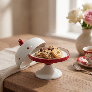 Può includere: Un'alzata per dolci in ceramica bianca con bordo e base rossi, dotata di un coperchio a cupola coordinato con pois rossi e un pomello rosso. L'alzata sostiene un piccolo assortimento di biscotti con gocce di cioccolato e frollini.