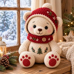 Könnte beinhalten: Ein cremefarbener, gehäkelter Teddybär mit einer dunkelroten Kapuzenmütze mit Bommel und einem passenden Schal, der mit einem Holzknopf befestigt ist. Der Bär ist mit grünen Tannenbäumen und Blumen bestickt und hat dunkelrote, runde Tatzen.