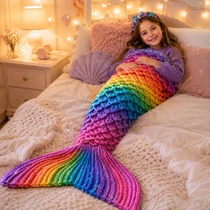 May include: A rainbow-colored crochet mermaid tail blanket featuring a textured scale pattern that transitions from purple and pink at the top to yellow, green, and blue at the fin. The yarn has a subtle shimmer throughout the entire length.