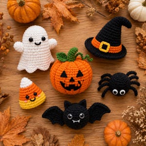 May include: A collection of crocheted Halloween decorations including a white ghost, a black witch hat with an orange band, an orange jack-o'-lantern, a candy corn, a black spider with white eyes, and a black bat with white fangs.