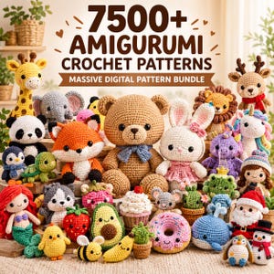 Może przedstawiać: Kolekcja różnych szydełkowanych figurek amigurumi, w tym niedźwiedź, lis, królik, żyrafa i syrena. Tekst 7500+ AMIGURUMI CROCHET PATTERNS MASSIVE DIGITAL PATTERN BUNDLE jest wyświetlany brązowymi literami w górnej części obrazu.