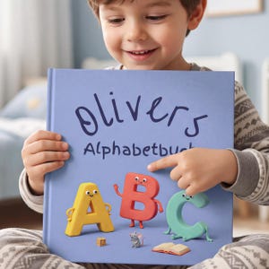 May include: A light blue children's book titled Olivers Alphabetbuch featuring a yellow letter A, a red letter B, and a green letter C with cartoon faces and limbs. A small gray mouse, a tiny lettered block, and an open book are at the bottom.