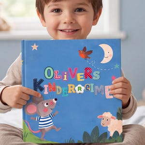 May include: A blue hardback book titled Olivers Kinderreime featuring a cartoon mouse in a blue and white striped shirt, a sheep, a bird, and a crescent moon. The title text is composed of colourful, patterned letters in a patchwork style.