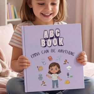 Peut inclure: Un livre à couverture rigide violet clair intitulé ABC BOOK EMMA CAN BE ANYTHING. La couverture présente une illustration de dessin animé d'une fille entourée d'icônes représentant divers métiers, dont un stéthoscope, un avion et un robot.