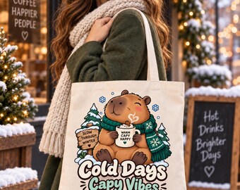 Cozy Capybara Winter Illustration Tote Bag | Cold Days Capy Vibes