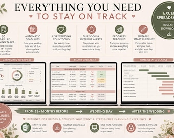 Wedding Planning Excel Spreadsheet, Countdown Timeline, Bridal Checklist (Digital Download)