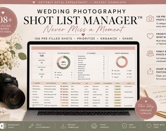 Wedding Photography Shot List Manager, 108 Photo Ideas, Excel Planner (Digital Download)