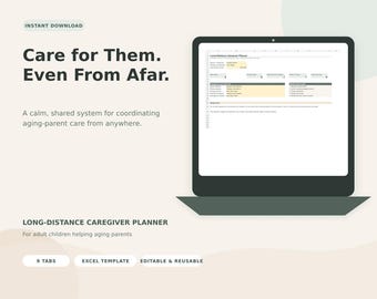 Long Distance Caregiver Planner Excel Template, Aging Parents Care Organizer, Medication, Appointments & Family Task Tracker