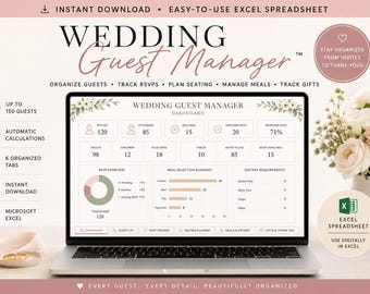 Wedding Guest Manager Excel Template, RSVP Tracker, Seating Chart & Meal Planner, Digital Download