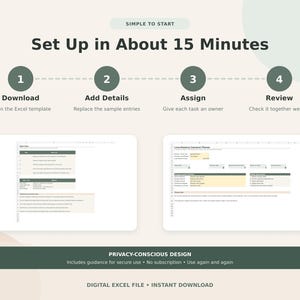 May include: A digital Excel template guide titled Set Up in About 15 Minutes with four steps: Download, Add Details, Assign, and Review. It displays two spreadsheet previews and a footer stating Privacy-Conscious Design, Digital Excel File, Instant Download.