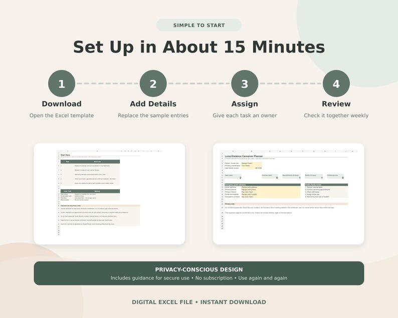 May include: A digital Excel template guide titled Set Up in About 15 Minutes with four steps: Download, Add Details, Assign, and Review. It displays two spreadsheet previews and a footer stating Privacy-Conscious Design, Digital Excel File, Instant Download.