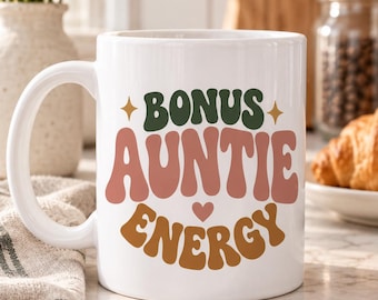 Bonus Auntie Energy Mug | Retro Groovy Typography ceramic coffee cup