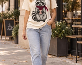 Cozy Raccoon Holding Mug T-Shirt | Winter Scarf Animal Tee
