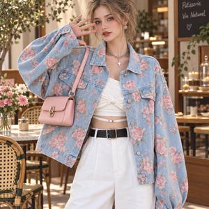 Light Blue Rose Print Denim Jacket, Oversized Cropped Fit